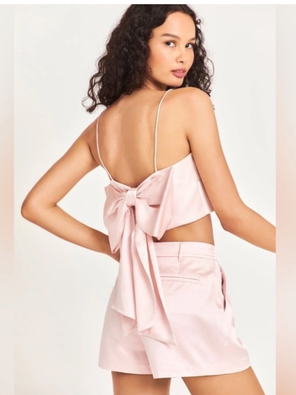 Blush Pink Satin Bow-Back Crop Top and shorts